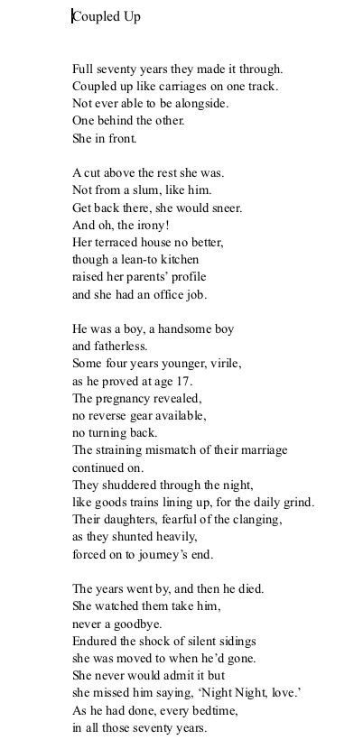 Poem 'Coupled Up' with four verses of varying numbers of lines written by Maggie Pollard